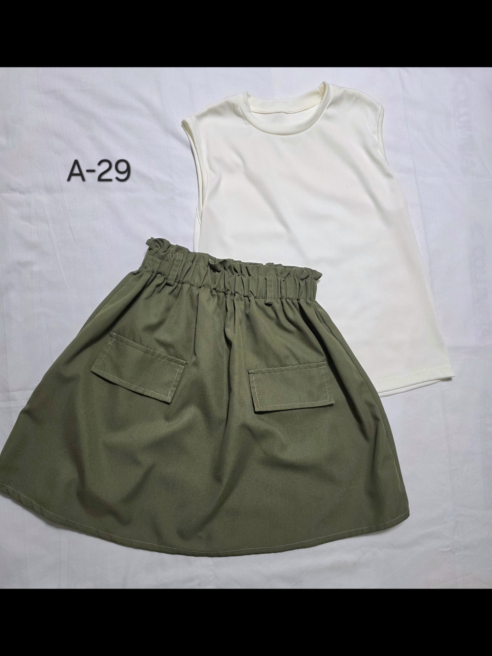 ​Girl's 2-Piece Set: White Tee & Olive Green Skirt- Size 10- Excellent Condition